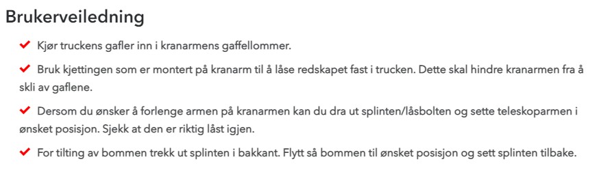 Leie tiltbar kranarm / løfteåk for truck