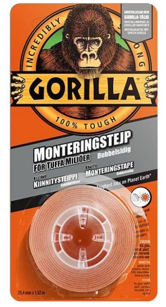 DOBBELTSIDIG MONTERINGSTAPE GORILLA TRANSPARENT 25,4MMX1,52M