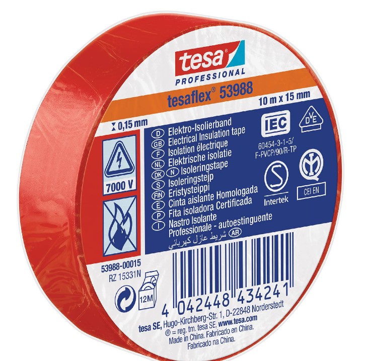 ISOLERINGSTAPE ELEKTRO 15MM X 10M RØD - TESA 53988